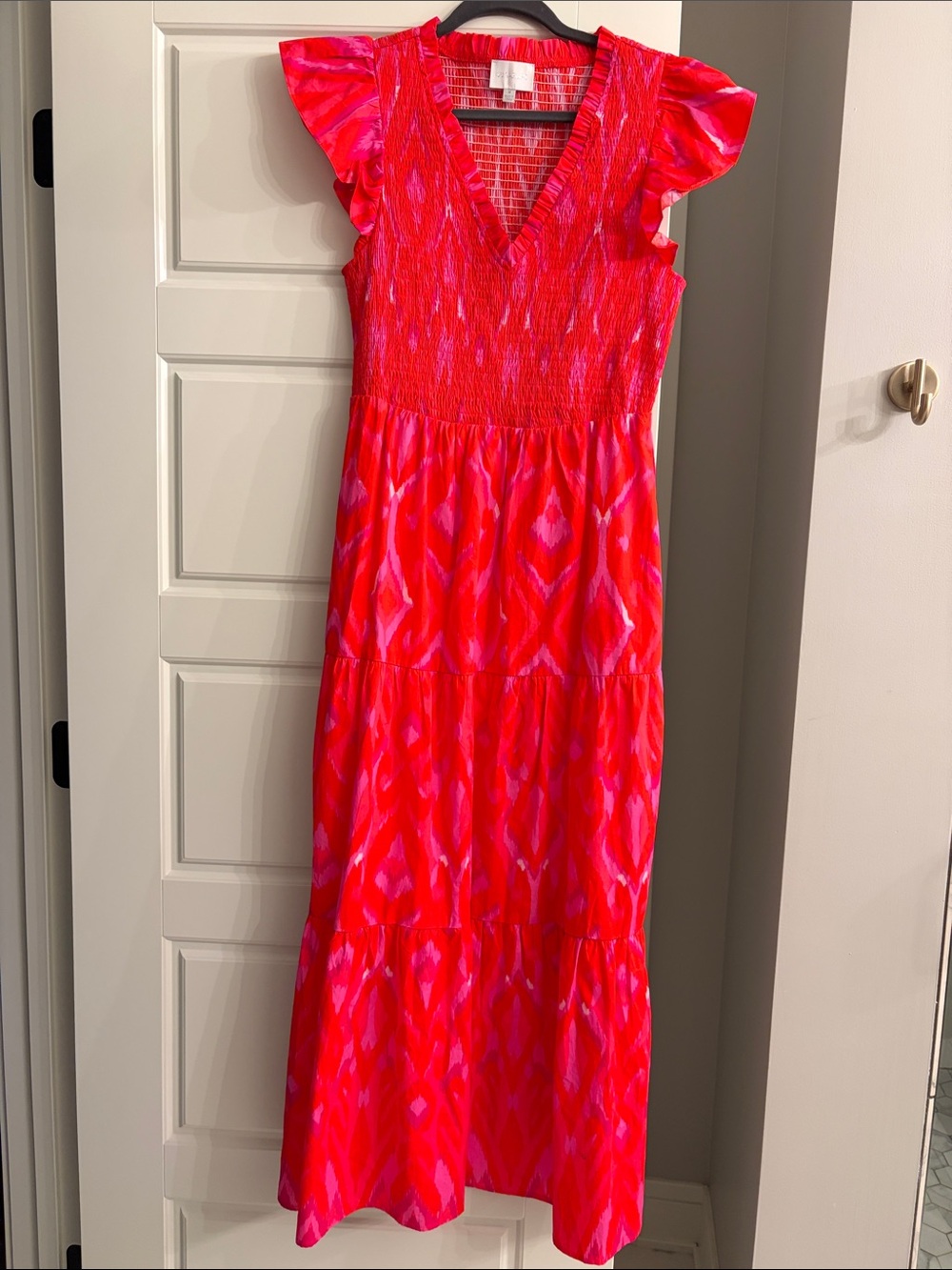 Blevin Ikat Sunfire Smocked Bodice Tiered Midi Dress - Picture 2 of 8